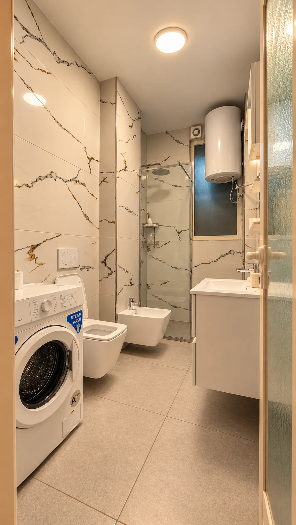 Marble-patterned bathroom with a washing machine and glass shower.