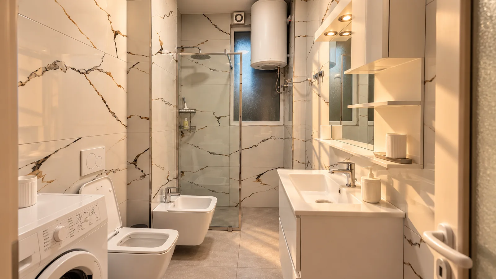 Bathroom with washing machine, toilet, bidet, basin and glass shower.