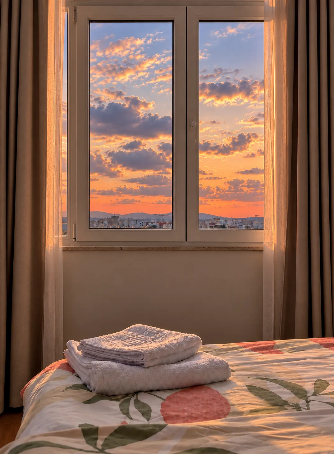 Folded towels on the bed beneath a window framing orange sunset clouds.
