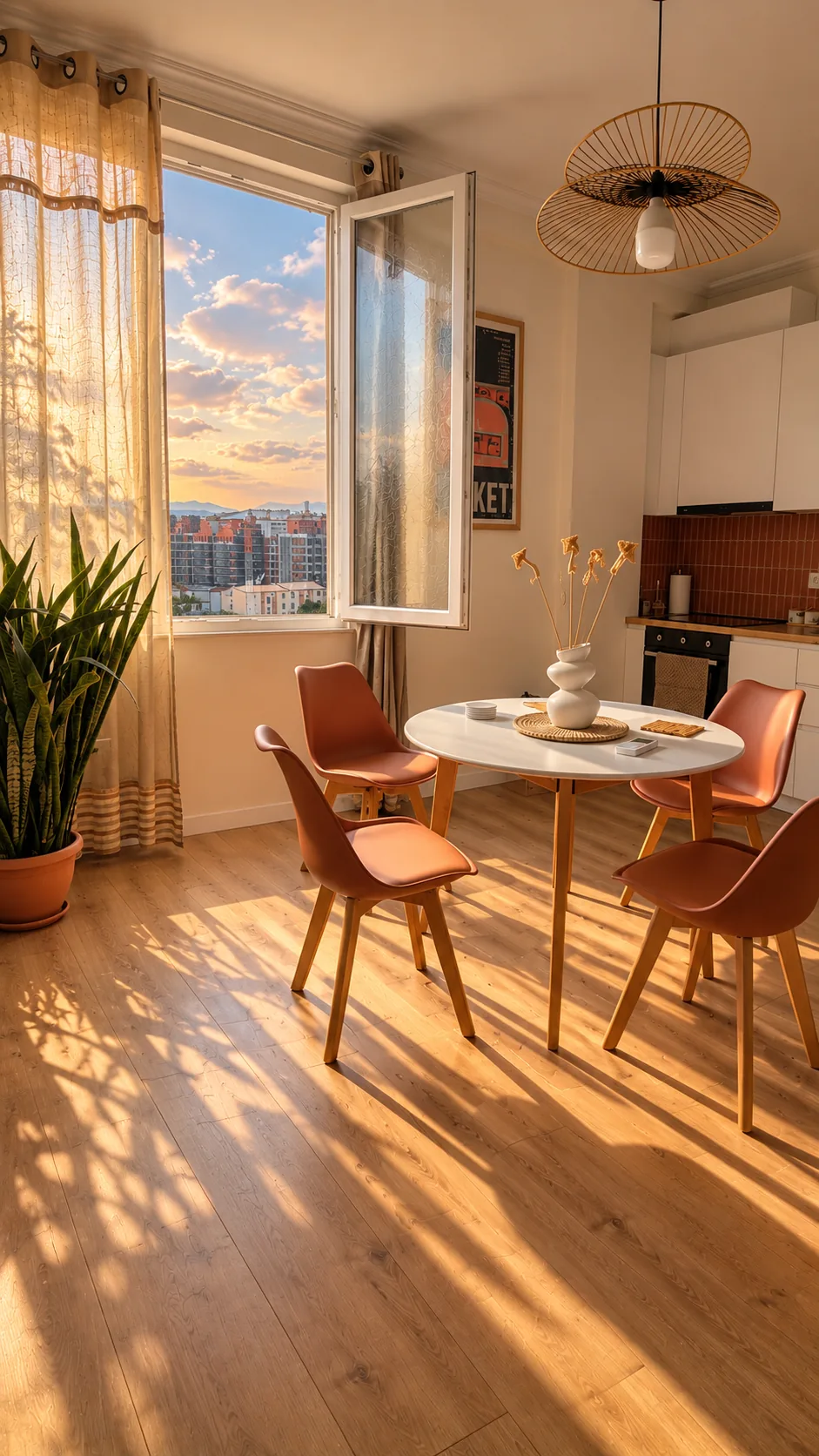 Round dining table and chairs beside a large window in warm evening light.