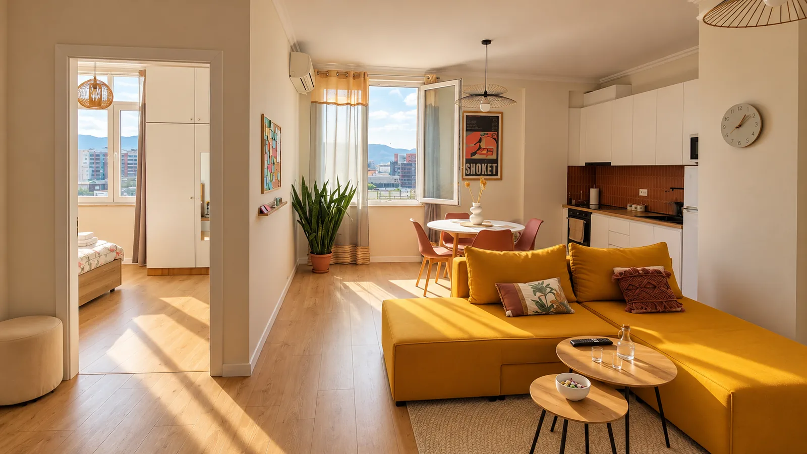 Open living room with amber sofa, dining table and kitchen, with the bedroom through a doorway.