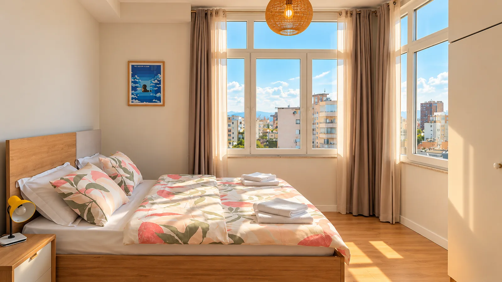 Queen bed with floral bedding beside two sunlit windows.