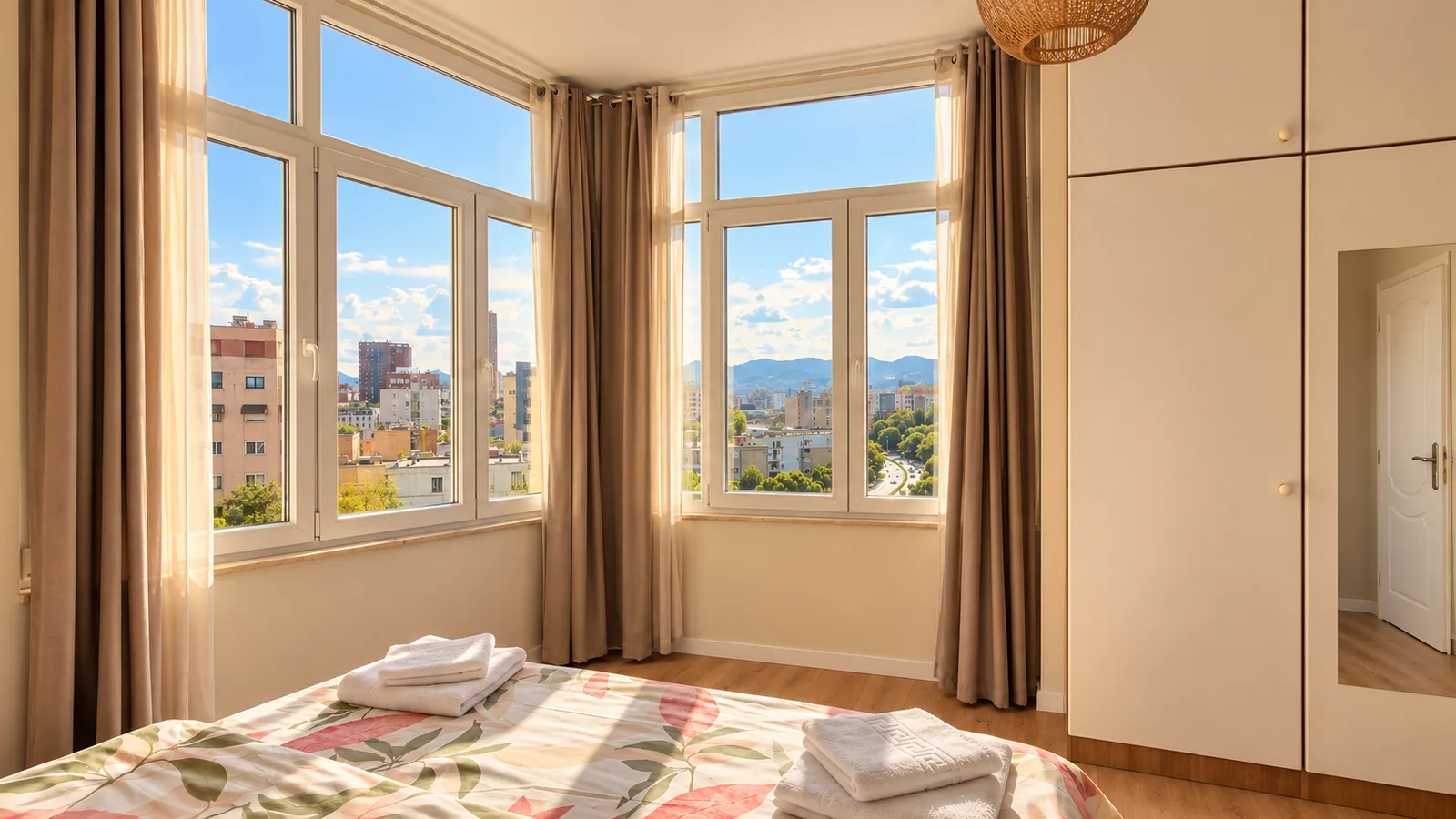 Corner bedroom with large windows, a wardrobe and views across Tirana.