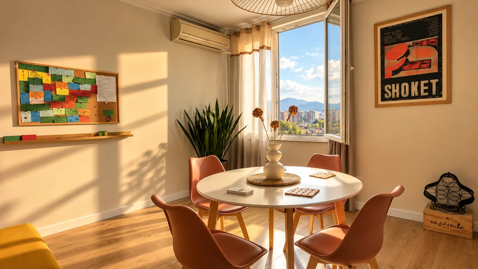 Round dining table beside a window, guest-note board and Shokët film poster.