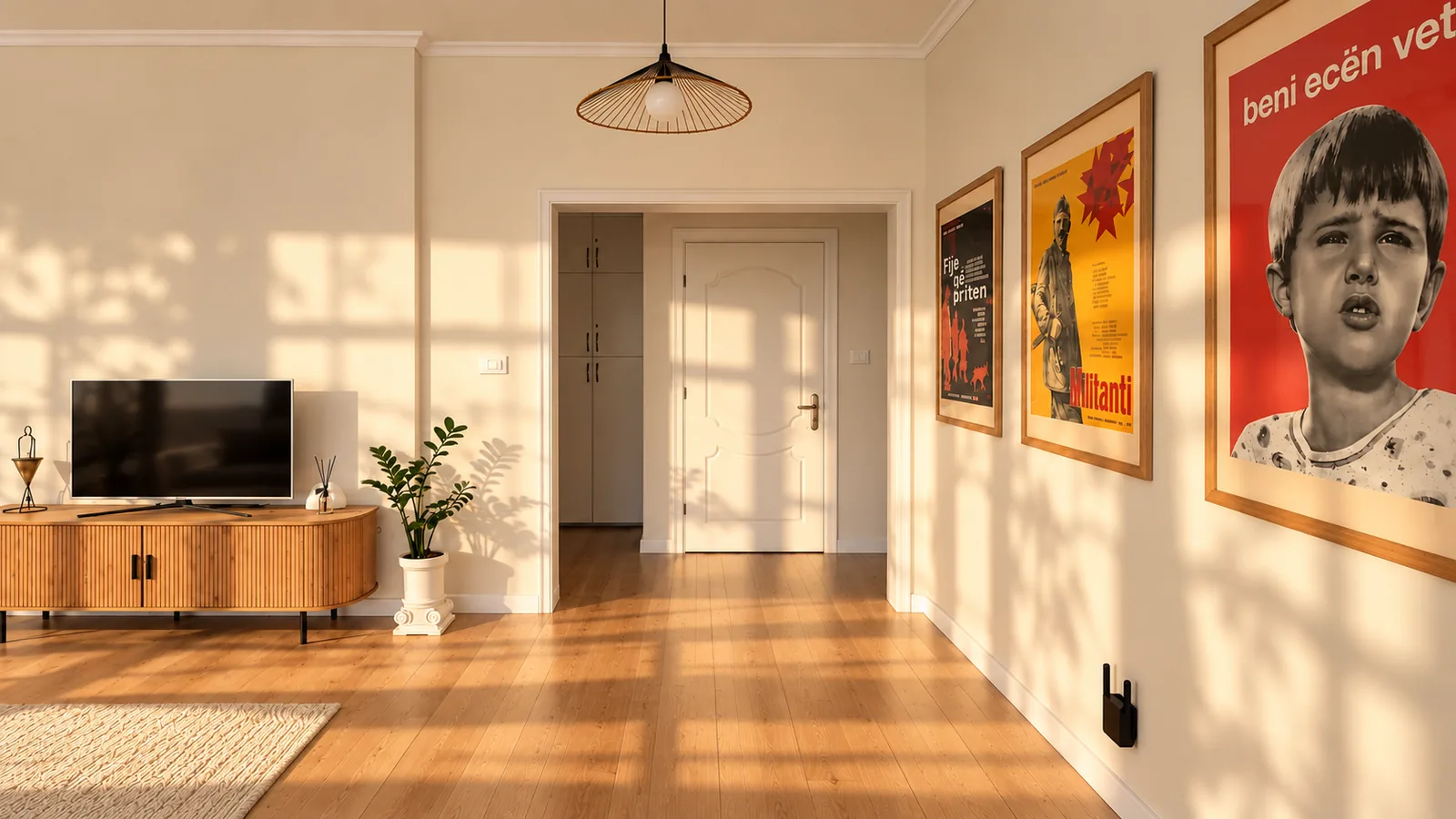 Sunlit living room with wooden TV cabinet and Albanian film posters along the wall.