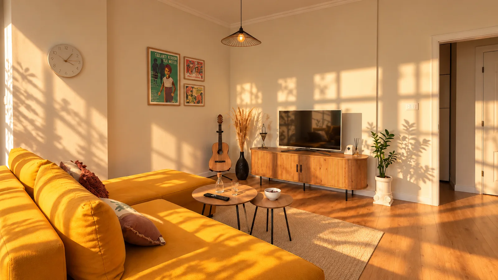 Amber sofa facing a TV cabinet, with a guitar and framed film posters nearby.