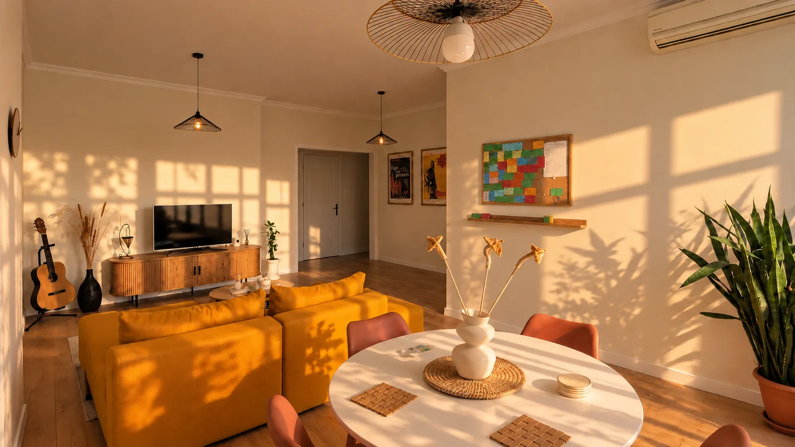 Open living and dining area with round table, amber sofa and wooden TV cabinet.