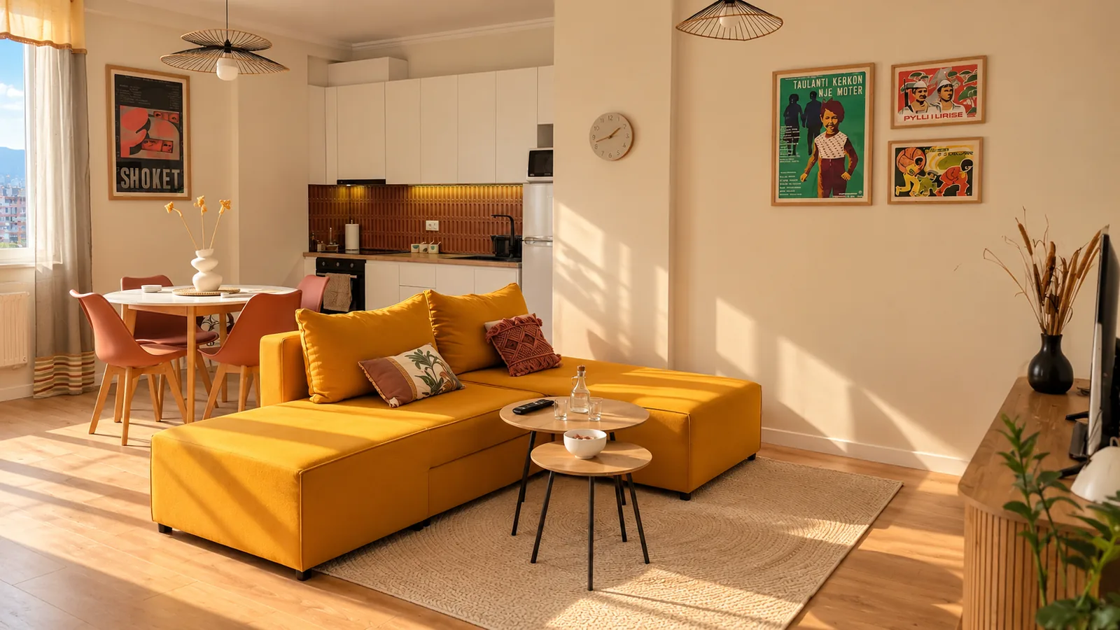 Amber corner sofa and coffee tables with the open kitchen and dining area behind.