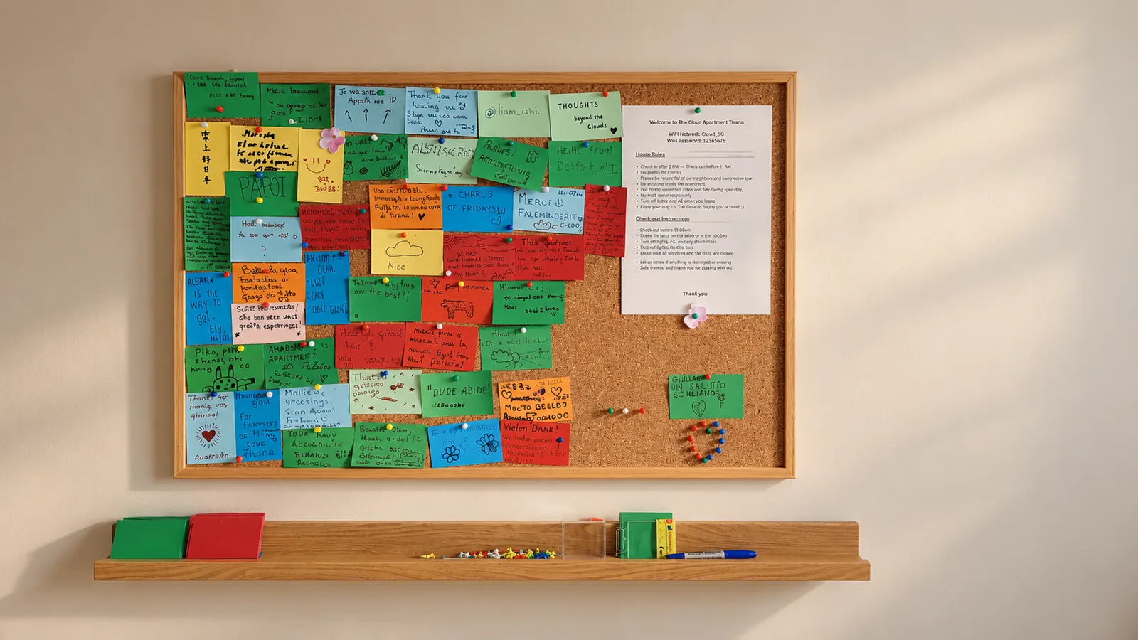 Guest-note board covered with colourful handwritten messages and drawings.