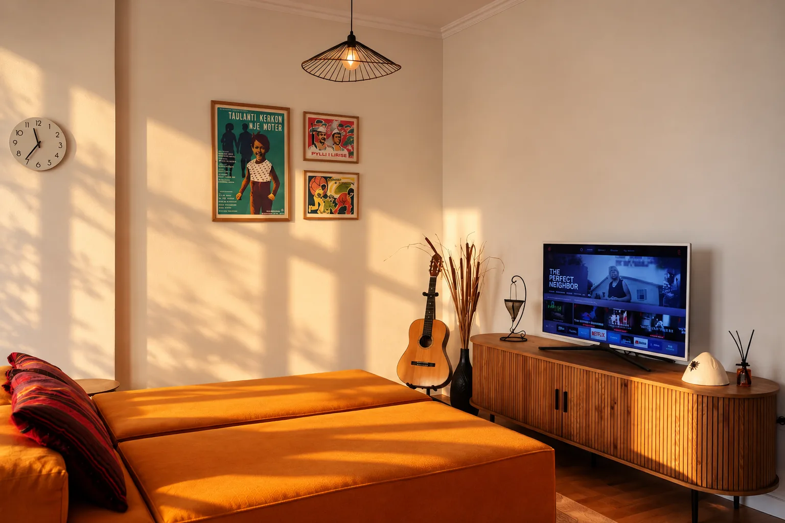 Amber sofa bed beside a wooden TV cabinet, guitar and Albanian film posters.